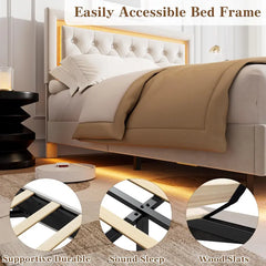 Garvee Floating Queen Platform Bed Frame with Smart LED Lights, Modern Upholstered Diamond Headboard, Sturdy Wood Slats, Noise-Free Design, Easy Assembly, Durable Bedroom Furniture