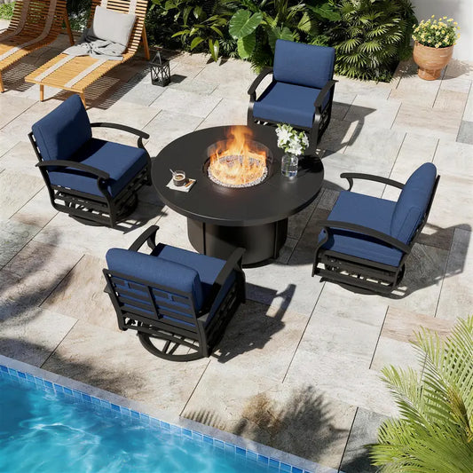 Kullavik 5-Piece Outdoor Patio Furniture Set - 48-Inch 55000 BTU Round Fire Pit Dining Table, 4 Aluminum Swivel Chairs with No-Slip Cushions, Waterproof Covers Included