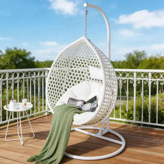 Hänge-Eiersessel mit Kissen und Polster, ergonomischer Komfort, klappbarer Terrassenstuhl mit handgewebtem PE-Rattan, rostfreier Rahmen für Garten, Veranda, Hinterhofmöbel