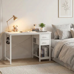 Computer PC Desk - Home Office Workstation with Drawers, X-Shaped Reinforcement, Sturdy Metal Frame, Side Hook, Modern Study Table