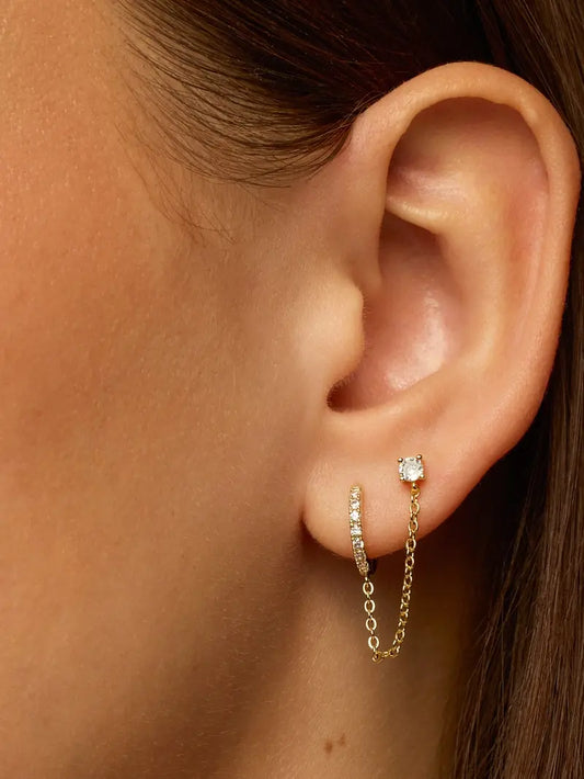 PAVOI 14K Gold Plated Chain Earrings for Women - Double Piercing Dangle Chain Huggie Hoop Earrings - Cubic Zirconia Single Stud Ear Cuff Earrings for Women