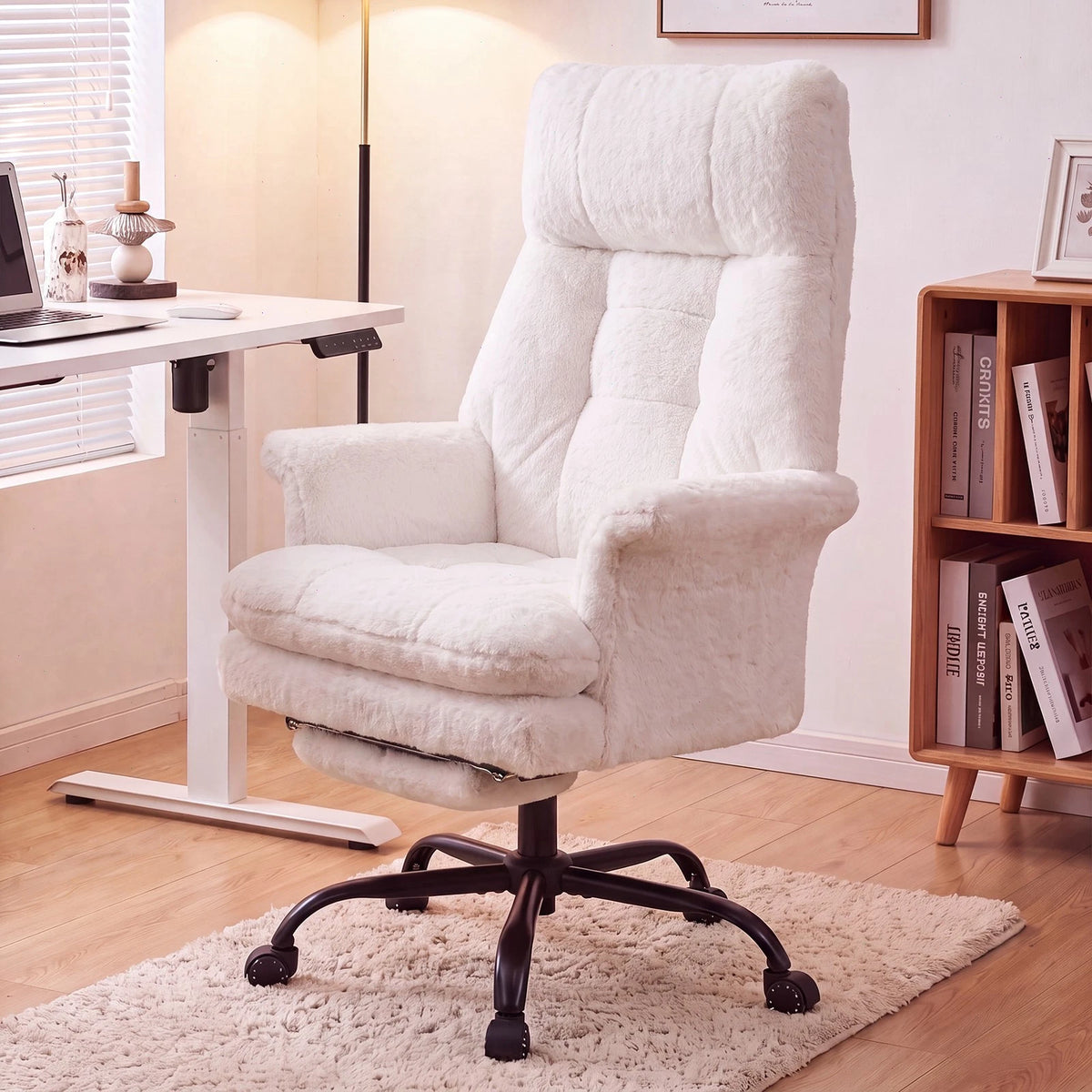 400 lbs Big & Tall Criss Cross Office Chair with Footrest – Teddy Fleece Swivel Desk Chair