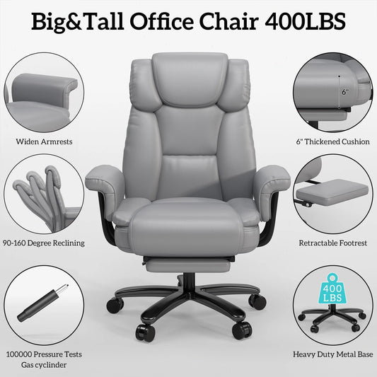 400 lbs Big & Tall Reclining Office Chair with Footrest – High Back Gray Desk Chair