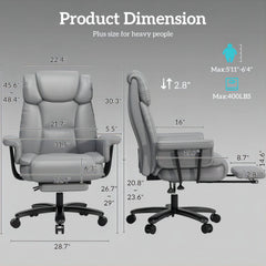 400 lbs Big & Tall Reclining Office Chair with Footrest – High Back Gray Desk Chair