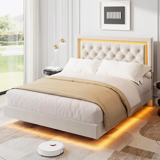 Garvee Floating Queen Platform Bed Frame with Smart LED Lights, Modern Upholstered Diamond Headboard, Sturdy Wood Slats, Noise-Free Design, Easy Assembly, Durable Bedroom Furniture