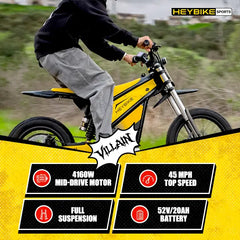 HEYBIKE VILLAIN E-Bike | Spitzenleistung 4160W | 190N·m Drehmoment | Höchstgeschwindigkeit 72 km/h | Reichweite bis zu 80 km | 52V 26Ah entnehmbarer Akku | All-Terrain Fat Tires | Hydraulische Federung | IPX6 Wasserdicht | Magnetischer Sicherheitsschalter