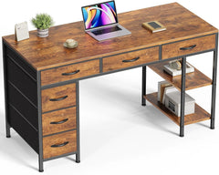 47" Rustic Brown Computer Desk with 6 Drawers & Shelves – Home Office & Gaming Desk