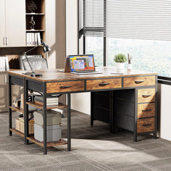 47" Rustic Brown Computer Desk with 6 Drawers & Shelves – Home Office & Gaming Desk
