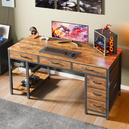 47" Rustic Brown Computer Desk with 6 Drawers & Shelves – Home Office & Gaming Desk