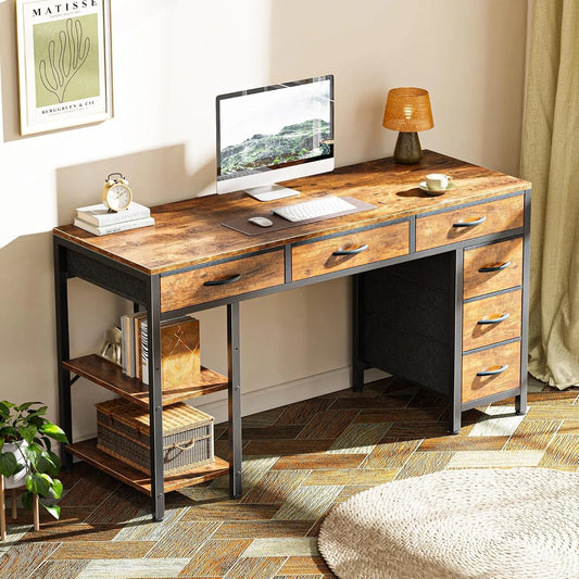 47" Rustic Brown Computer Desk with 6 Drawers & Shelves – Home Office & Gaming Desk