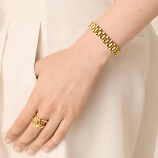 PAVOI Waterproof Watch Strap Chain Bracelet for Women - 14K Gold Plated Two Toned Chunky Link Bracelet - Stainless Steel Mixed Metals Statement Gold Jewelry