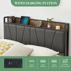 Lit double Garvee avec tête de lit de rangement et 2 tiroirs, cadre de lit plateforme rembourré en lin avec station de recharge, robuste, pas besoin de sommier tapissier, montage facile, silencieux, gris