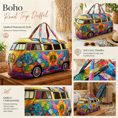 Joyful Miles Quilted Duffle Bag, Colorful Weekender Travel Tote, Overnight Carry On Gym Bag
