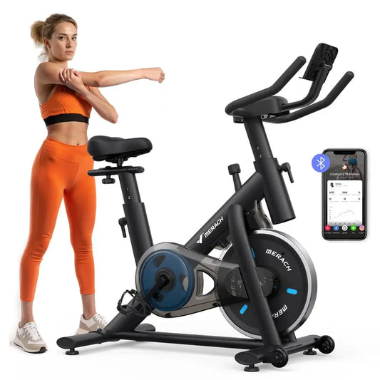 Merach Exercise Bike with New RPM Game Mode for Home Stationary Bike Enhanced Electronic with Holder Silent Belt Drive and Comfortable Seat Cushion for Cardio Workout Exclusive App ,Tablet Mount and Fitness Courses Gym machine Summervibes