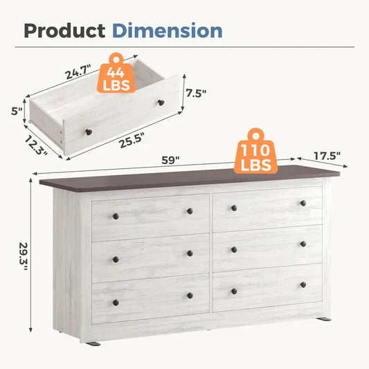 59in Wood Dresser 6 Drawer Storage Cabinet Vintage Dresser Chest of Drawers for Bedroom and Living Room