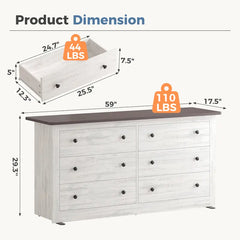 59in Wood Dresser 6 Drawer Storage Cabinet Vintage Dresser Chest of Drawers for Bedroom and Living Room