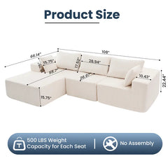 108" Boneless Couch, Cloud Sectional Couch with L-Shape Chaise, Modular Sectional Sofa with Deep Seat, Fluffy Couch for Living Room Bedroom, No Assembly Required