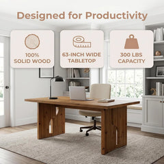 63" Solid Wood Executive Desk – Large Modern Rectangular Office Computer Desk