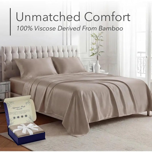 DECOLURE 4-Piece Bamboo Bed Sheet Set - 100% Cooling Viscose Bedding, Ultra Soft, 17in Deep Pockets, Double Stitching, OEKO-Tex Certified, Hypoallergenic for Hot Sleepers