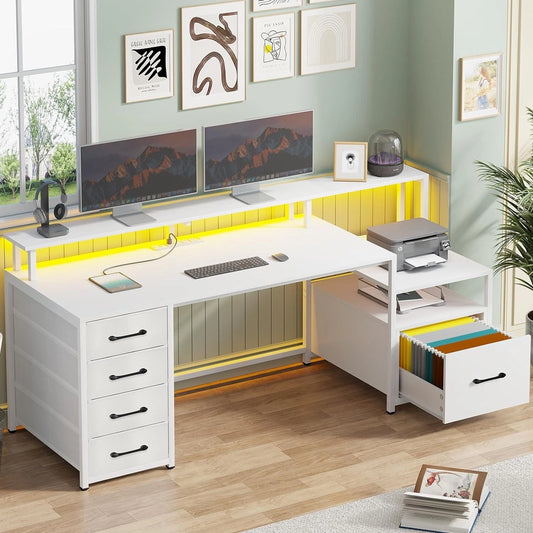66" Computer Desk with 5 Drawers, LED Lights & Power Outlet – Home Office Desk