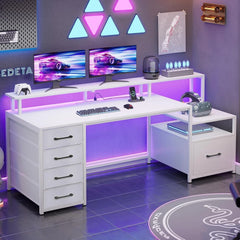 66" Computer Desk with 5 Drawers, LED Lights & Power Outlet – Home Office Desk