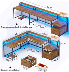 66" L Shaped Computer Desk with LED Light & Power Outlet – Home Office Corner Desk