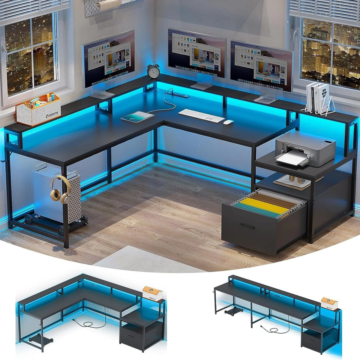 66" L Shaped Computer Desk with LED Lights & Power Outlet – Home Office Corner Desk