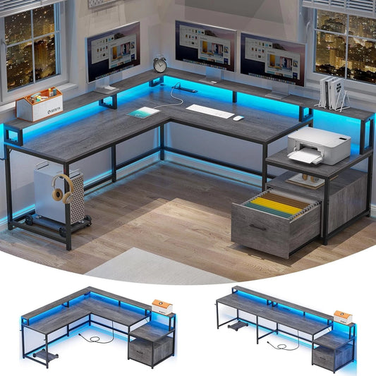 66 L Shaped Computer Desk with LED Lights & Power Outlet – Home Office Corner Desk