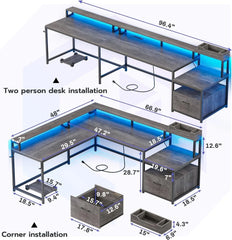 66 L Shaped Computer Desk with LED Lights & Power Outlet – Home Office Corner Desk