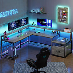 66 L Shaped Computer Desk with LED Lights & Power Outlet – Home Office Corner Desk