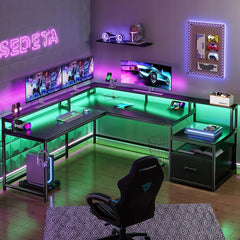 66" L Shaped Computer Desk with LED Lights & Power Outlet – Home Office Corner Desk