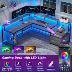 66 L Shaped Computer Desk with LED Lights & Power Outlet – Home Office Corner Desk