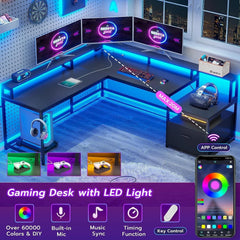 66" L Shaped Computer Desk with LED Lights & Power Outlet – Home Office Corner Desk