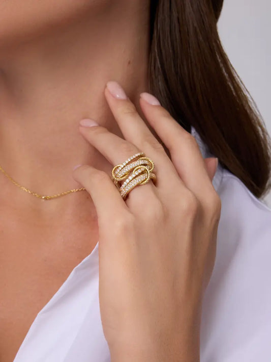 PAVOI Chunky Interlock Statement Ring for Women - 14K Gold Plated Multi-Band Interlocking Ring - Cubic Zirconia Statement Bands Jewelry
