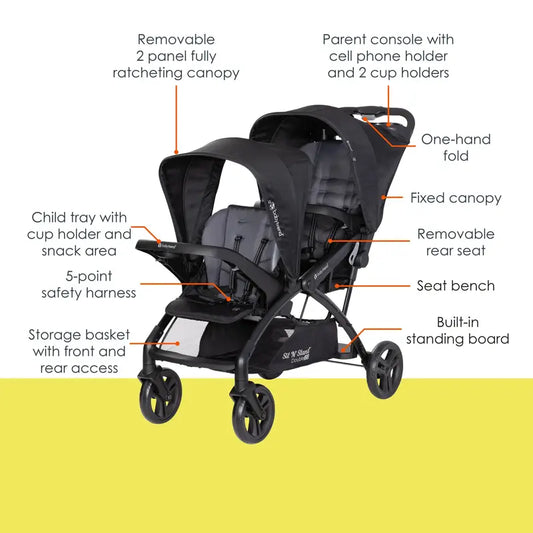 Baby Trend® Sit N Stand® Lightweight Foldable Double 2.0 Stroller w/ Removable 2 Panel Fully Ratcheting Canopy