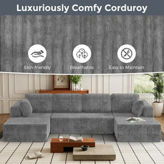 【New Year Sales】 Niccae 132'' or 161" U-Shape Oversized Cloud Couch – Corduroy Modular Sectional Sofa with 4 Large Cushions and 2 Small Pillows, No Assembly Needed, Deep Seat Boneless Upholstered Couches for Living Room, Cozy & Stylish