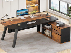 71" L-Shaped Executive Desk with Drawers & Shelves – Home Office Computer Desk