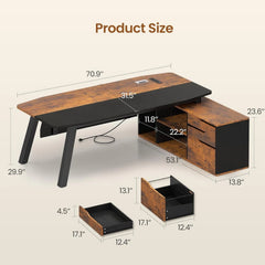 71" L-Shaped Executive Desk with Drawers & Shelves – Home Office Computer Desk