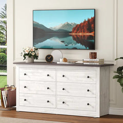 59in Wood Dresser 6 Drawer Storage Cabinet Vintage Dresser Chest of Drawers for Bedroom and Living Room