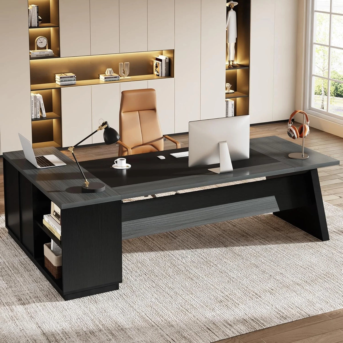 78 L-Shaped Executive Desk with Drawers & File Cabinet – Large Modern Office Desk
