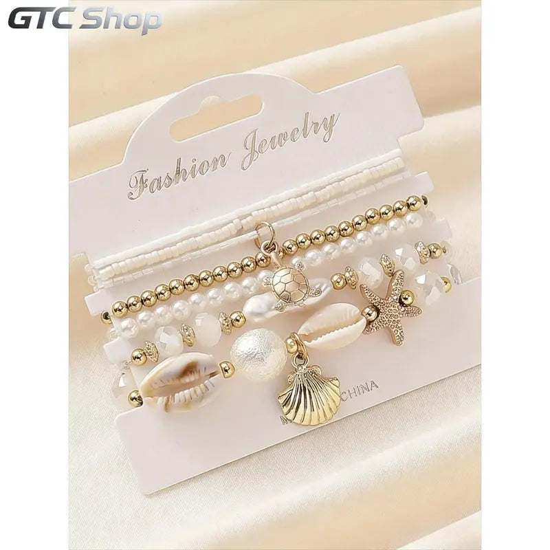 Women's Boho Shell & Starfish Bracelet Set, Exquisite Trendy Bracelet, Artificial Pearl Party Vacation Jewelry, Beach Style Handmade Accessories, Faux Pearl
