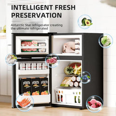 Kismile 3.2 Cu Ft 2-Door Compact Refrigerator with Freezer, Fridge Drawer, Adjustable Shelf, Thermostat – Silver for Bedroom, Office, Two-Door Mini Freezers