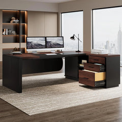 81" L-Shaped Executive Office Desk with File Cabinet – Large Commercial Computer Desk