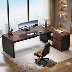 81" L-Shaped Executive Office Desk with File Cabinet – Large Commercial Computer Desk