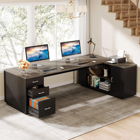 85.8" L-Shaped Executive Desk – Large Modern Office Computer Desk with File Drawers