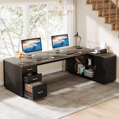 85.8" L Shaped Executive Desk with File Drawers – Large Modern Office Computer Desk