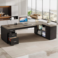 85.8" L Shaped Executive Desk with File Drawers – Large Modern Office Computer Desk