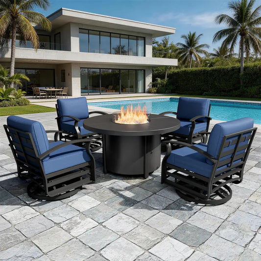 Kullavik 5-Piece Outdoor Patio Furniture Set - 48-Inch 55000 BTU Round Fire Pit Dining Table, 4 Aluminum Swivel Chairs with No-Slip Cushions, Waterproof Covers Included