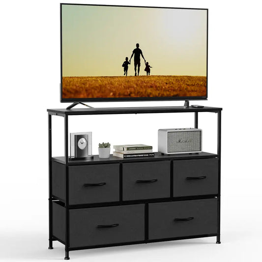 BROOKLYN Modern TV Stand - Sweet Indoor Furniture TV Console Cabinet with 5 Fabric Drawers, Open Storage Shelf, Living Room Decor, Room Storage for Bedroom, Apartment Furniture