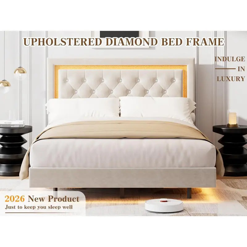 Garvee Floating Queen Platform Bed Frame with Smart LED Lights, Modern Upholstered Diamond Headboard, Sturdy Wood Slats, Noise-Free Design, Easy Assembly, Durable Bedroom Furniture